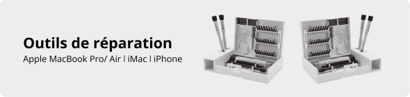 Outils de réparation_BestinMac.com Bannière grisée montrant deux boîtes à outils blanches ouvertes, contenant divers embouts et tournevis, avec le texte « Outils de réparation Apple MacBook Pro / Air | iMac | iPhone ».