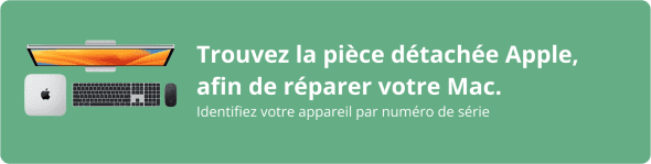 Illustration d’un iMac, d’un Mac mini, d’un clavier et d’une souris sur fond vert avec le texte « Trouvez la pièce détachée Apple, afin de réparer votre Mac. Identifiez votre appareil par numéro de série ».