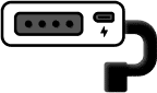 Icône connecteur de charge MacBook avec texte : DC-IN, MagSafe et USB-C Apple