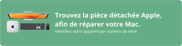 Identifiez votre Appereil_BestinMac.com Illustration d’un iMac, d’un Mac mini, d’un clavier et d’une souris sur fond vert avec le texte « Trouvez la pièce détachée Apple, afin de réparer votre Mac. Identifiez votre appareil par numéro de série ».
