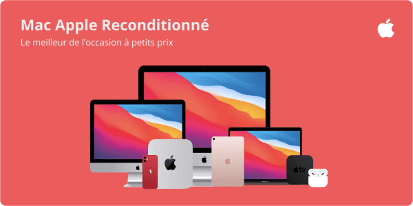 Bannière corail montrant plusieurs produits Apple reconditionnés (iMac, Mac mini, Mac Book, iPad, iPhone, Apple TV et AirPods) avec le logo Apple en haut à droite.