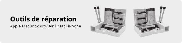 Bannière grisée montrant deux boîtes à outils blanches ouvertes, contenant divers embouts et tournevis, avec le texte « Outils de réparation Apple MacBook Pro / Air | iMac | iPhone ».
