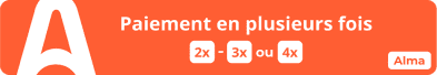 Bannière orange vif avec le logo Alma blanc, le texte « Paiement en plusieurs fois » et trois pastilles indiquant « 2x », « 3x » et « 4x ».