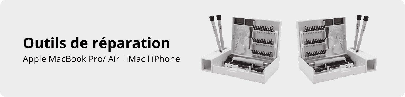 Bannière grisée montrant deux boîtes à outils blanches ouvertes, contenant divers embouts et tournevis, avec le texte « Outils de réparation Apple MacBook Pro / Air | iMac | iPhone ».