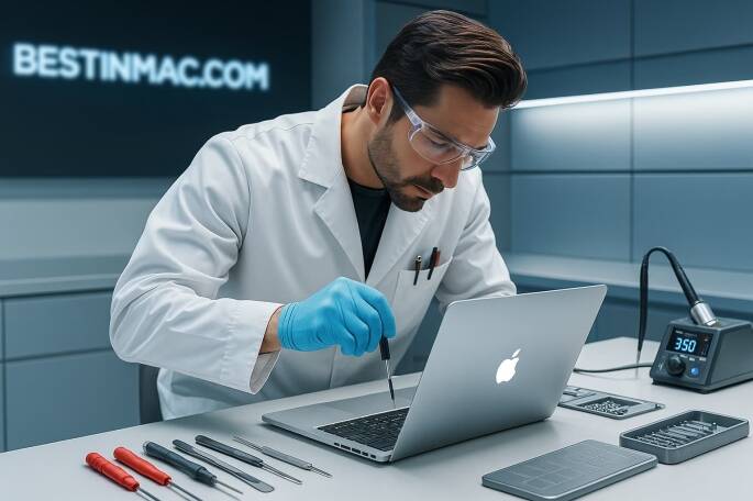 Technicien BestinMac.com en train de réparer un MacBook dans un atelier spécialisé Apple