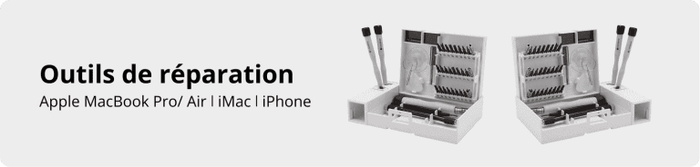 Bannière grisée montrant deux boîtes à outils blanches ouvertes, contenant divers embouts et tournevis, avec le texte « Outils de réparation Apple MacBook Pro / Air | iMac | iPhone ».