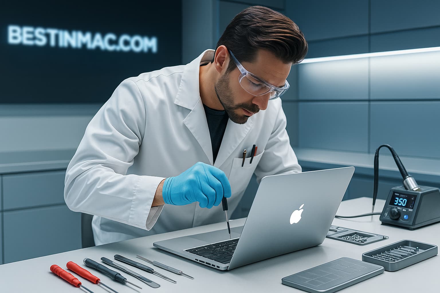 Technicien BestinMac.com en train de réparer un MacBook dans un atelier spécialisé Apple